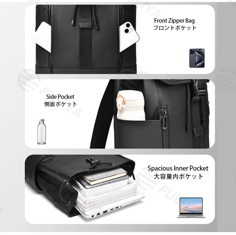 Guangzhou Fuliya Industry Co.,Ltd C-81429 This lightweight business backpack is water‑repellent and durable, with large capacity and multiple pockets, plus a trolley strap – perfect for commuting and business trips.