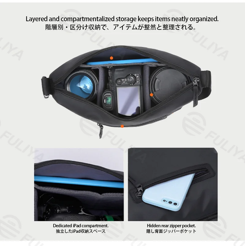 Guangzhou Fuliya Industry Co.,Ltd C-81431 This camera bag features durable waterproof PU coating, removable padded dividers, iPad compartment, and hand/shoulder/crossbody carry – for photography and daily use.