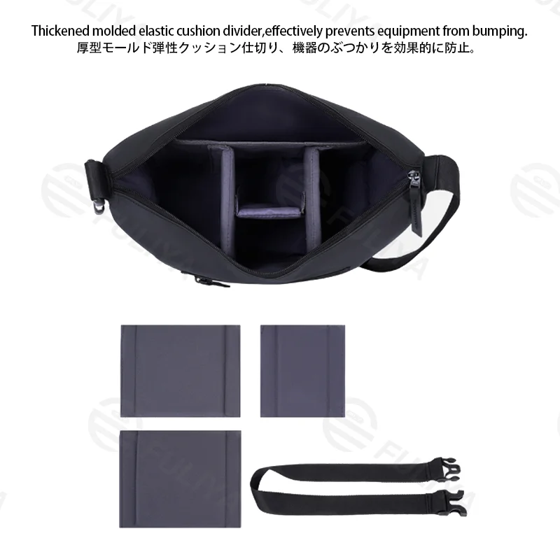 Guangzhou Fuliya Industry Co.,Ltd C-81431 This camera bag features durable waterproof PU coating, removable padded dividers, iPad compartment, and hand/shoulder/crossbody carry – for photography and daily use.