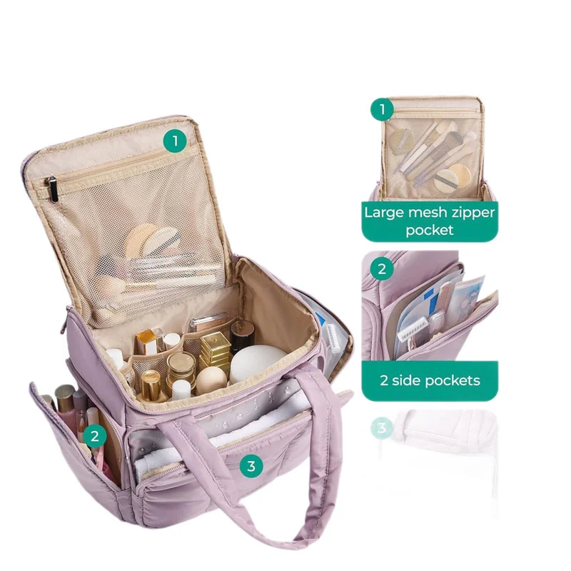 Guangzhou Fuliya Industry Co.,Ltd C-81432 This fluffy makeup bag is lightweight, water‑resistant with smooth zippers, 180° wide opening, and multiple mesh pockets – for travel and daily organization.