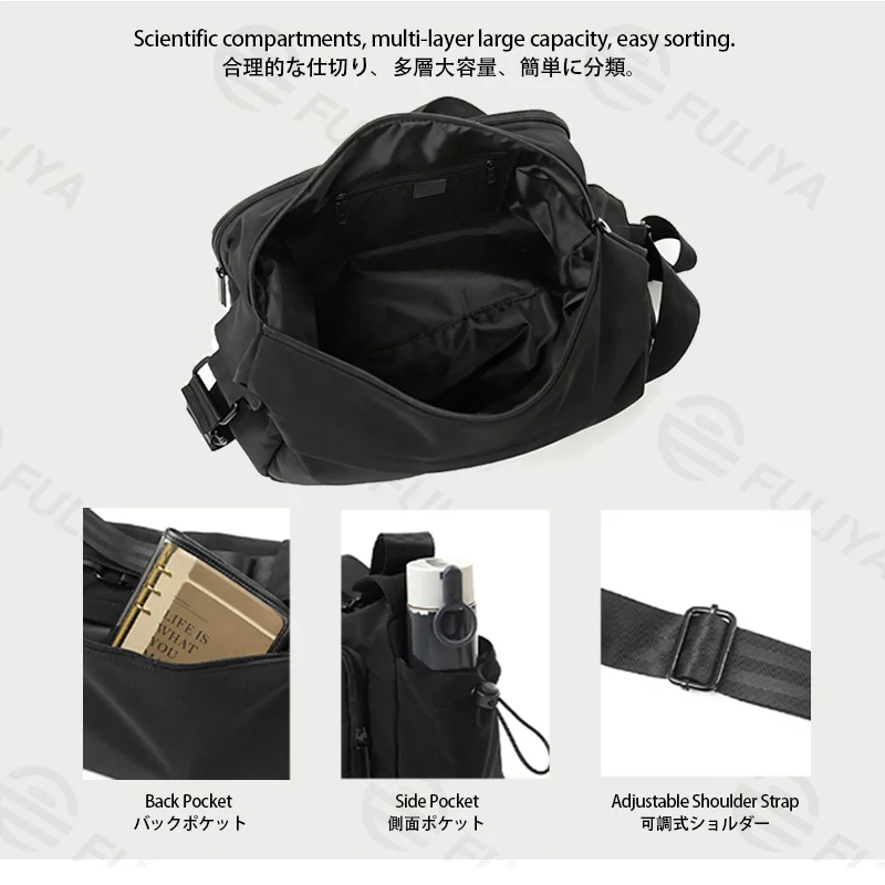 Guangzhou Fuliya Industry Co.,Ltd C-81435 This water‑repellent shoulder bag has multi‑layer pockets, an adjustable strap, and durable fabric – for commuting and outdoor use.