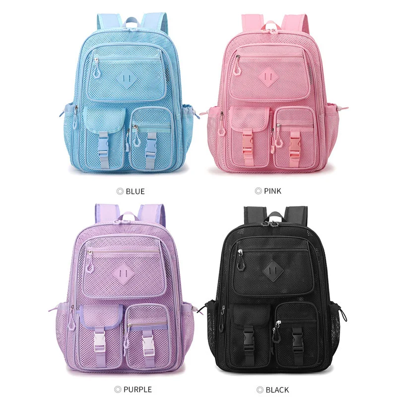 Guangzhou Fuliya Industry Co.,Ltd C-81438 This mesh backpack is lightweight and breathable, with large capacity, multiple pockets, fits a 15.6″ laptop - perfect for beach, travel, and daily use.