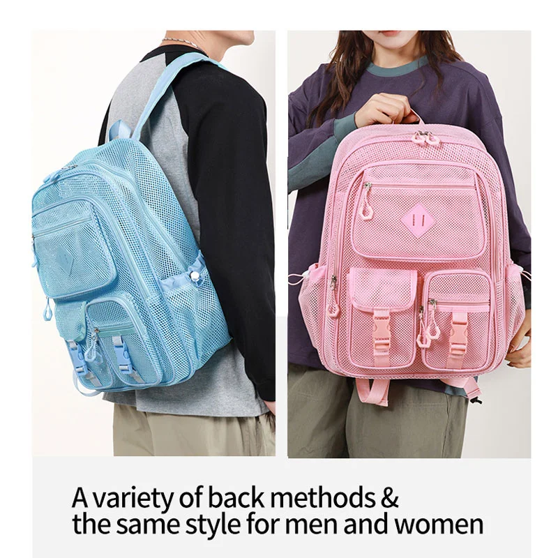Guangzhou Fuliya Industry Co.,Ltd C-81438 This mesh backpack is lightweight and breathable, with large capacity, multiple pockets, fits a 15.6″ laptop - perfect for beach, travel, and daily use.