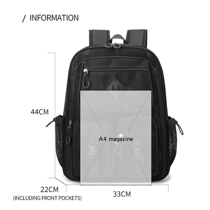 広州富麗雅実業有限会社 C-81438 このメッシュバックパックは軽量通気性で、大容量多ポケット、15.6インチPC収納可能、ビーチ・旅行・日常に最適です。