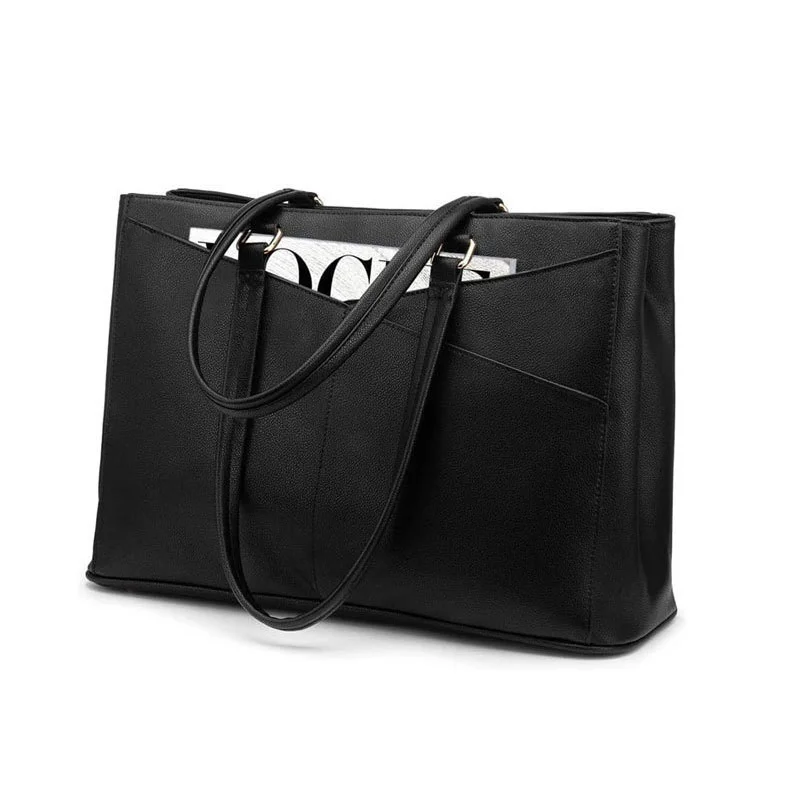 Guangzhou Fuliya Industry Co.,Ltd C-81439 This tote bag is water‑repellent, large‑capacity for a 15.6″ laptop, with multiple compartments, magnetic buckle and back zip pocket, hand/shoulder carry, minimalist design – for commuting, school, and travel.