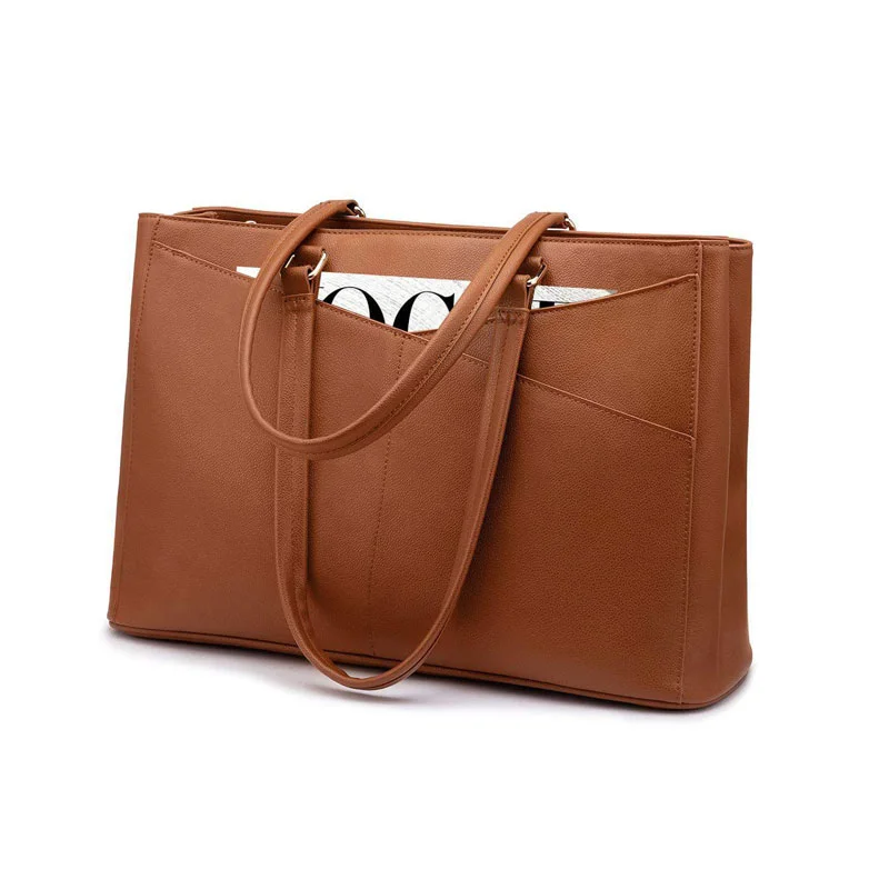 Guangzhou Fuliya Industry Co.,Ltd C-81439 This tote bag is water‑repellent, large‑capacity for a 15.6″ laptop, with multiple compartments, magnetic buckle and back zip pocket, hand/shoulder carry, minimalist design – for commuting, school, and travel.