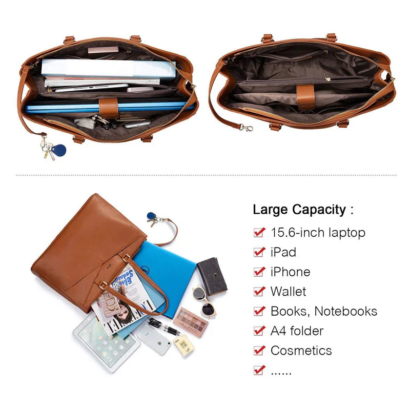 Guangzhou Fuliya Industry Co.,Ltd C-81439 This tote bag is water‑repellent, large‑capacity for a 15.6″ laptop, with multiple compartments, magnetic buckle and back zip pocket, hand/shoulder carry, minimalist design – for commuting, school, and travel.