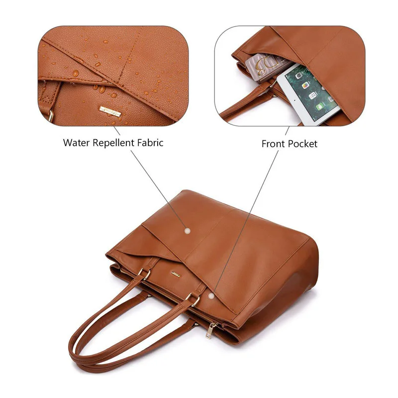Guangzhou Fuliya Industry Co.,Ltd C-81439 This tote bag is water‑repellent, large‑capacity for a 15.6″ laptop, with multiple compartments, magnetic buckle and back zip pocket, hand/shoulder carry, minimalist design – for commuting, school, and travel.