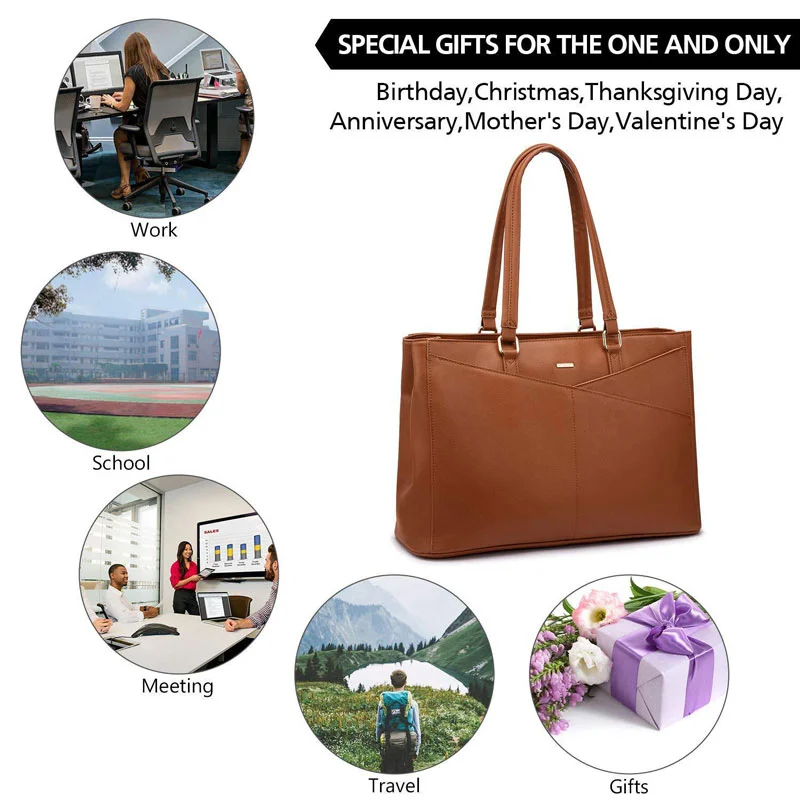 Guangzhou Fuliya Industry Co.,Ltd C-81439 This tote bag is water‑repellent, large‑capacity for a 15.6″ laptop, with multiple compartments, magnetic buckle and back zip pocket, hand/shoulder carry, minimalist design – for commuting, school, and travel.