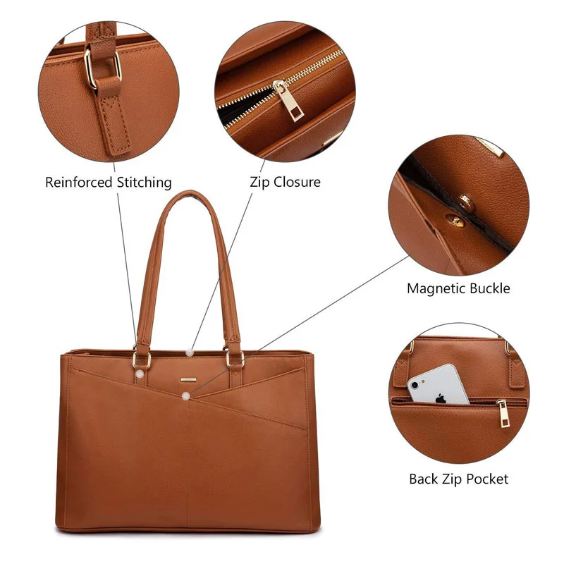 Guangzhou Fuliya Industry Co.,Ltd C-81439 This tote bag is water‑repellent, large‑capacity for a 15.6″ laptop, with multiple compartments, magnetic buckle and back zip pocket, hand/shoulder carry, minimalist design – for commuting, school, and travel.