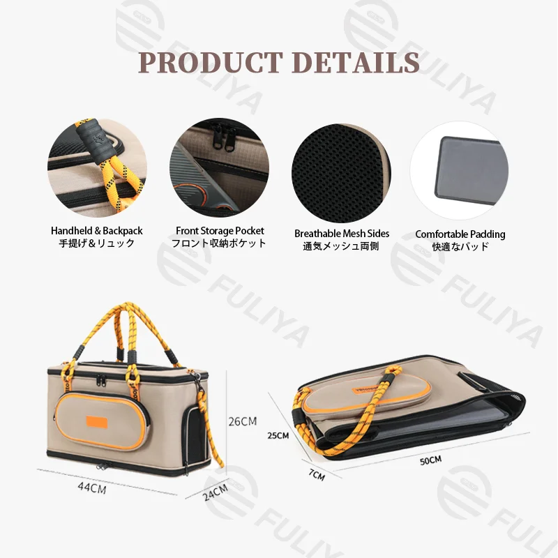 Guangzhou Fuliya Industry Co.,Ltd C-81442 This pet carrier offers double/single shoulder carry, multi‑side ventilation, top opens as a bed, foldable, with detachable leash and storage pocket – for easy outdoor travel.