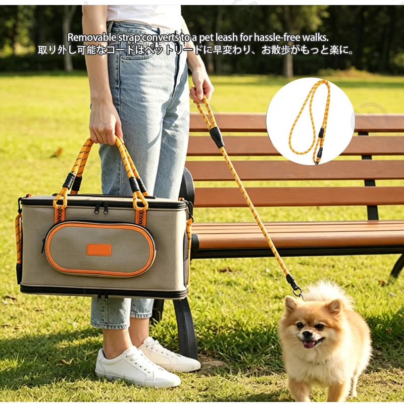 Guangzhou Fuliya Industry Co.,Ltd C-81442 This pet carrier offers double/single shoulder carry, multi‑side ventilation, top opens as a bed, foldable, with detachable leash and storage pocket – for easy outdoor travel.