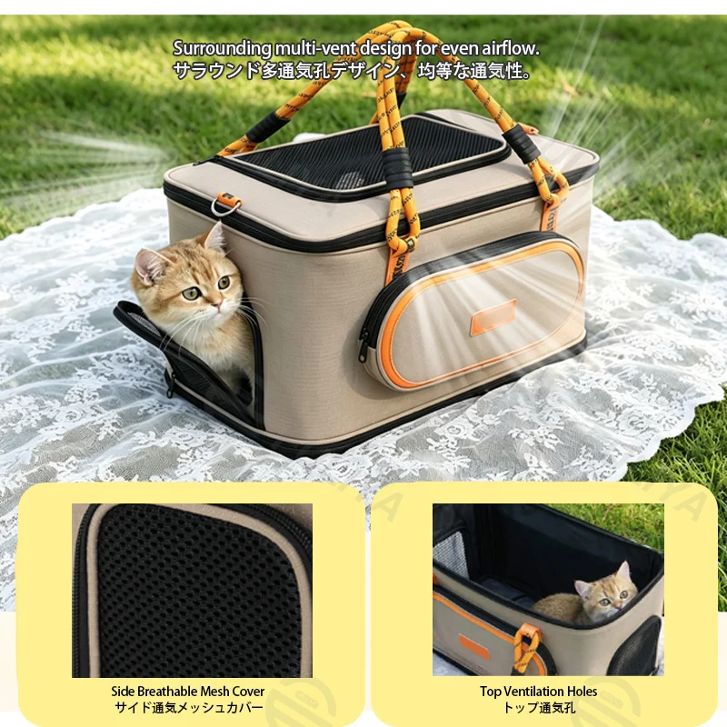 Guangzhou Fuliya Industry Co.,Ltd C-81442 This pet carrier offers double/single shoulder carry, multi‑side ventilation, top opens as a bed, foldable, with detachable leash and storage pocket – for easy outdoor travel.