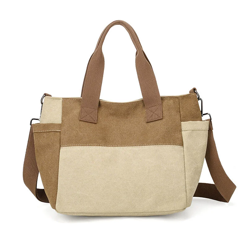 Guangzhou Fuliya Industry Co.,Ltd C-81447 This spliced canvas bag is lightweight and versatile, with hand/shoulder/crossbody carry, multi‑layer pockets, adjustable strap, and side pocket – for commuting and campus.