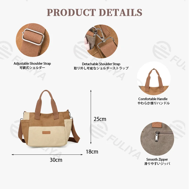 Guangzhou Fuliya Industry Co.,Ltd C-81447 This spliced canvas bag is lightweight and versatile, with hand/shoulder/crossbody carry, multi‑layer pockets, adjustable strap, and side pocket – for commuting and campus.