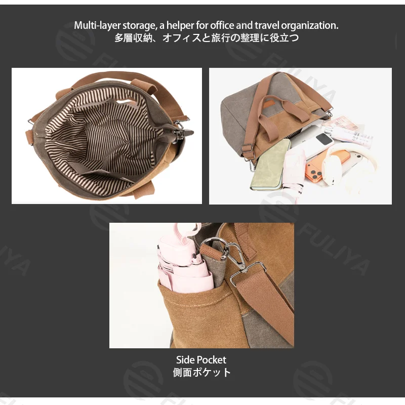 Guangzhou Fuliya Industry Co.,Ltd C-81447 This spliced canvas bag is lightweight and versatile, with hand/shoulder/crossbody carry, multi‑layer pockets, adjustable strap, and side pocket – for commuting and campus.