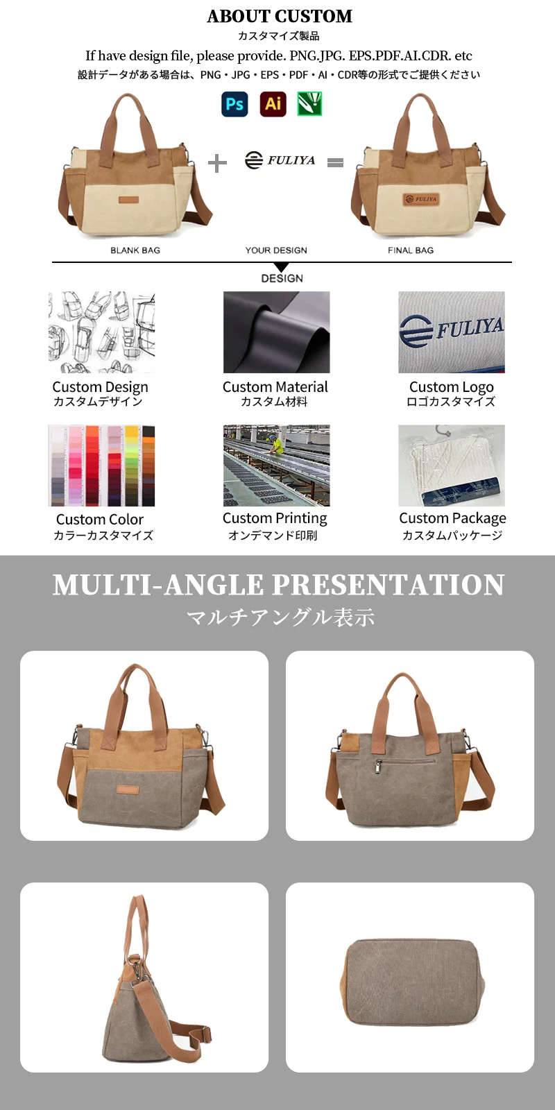 Guangzhou Fuliya Industry Co.,Ltd C-81447 This spliced canvas bag is lightweight and versatile, with hand/shoulder/crossbody carry, multi‑layer pockets, adjustable strap, and side pocket – for commuting and campus.