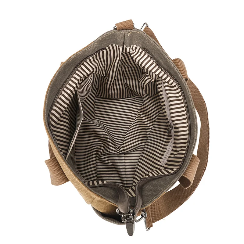 Guangzhou Fuliya Industry Co.,Ltd C-81447 This spliced canvas bag is lightweight and versatile, with hand/shoulder/crossbody carry, multi‑layer pockets, adjustable strap, and side pocket – for commuting and campus.