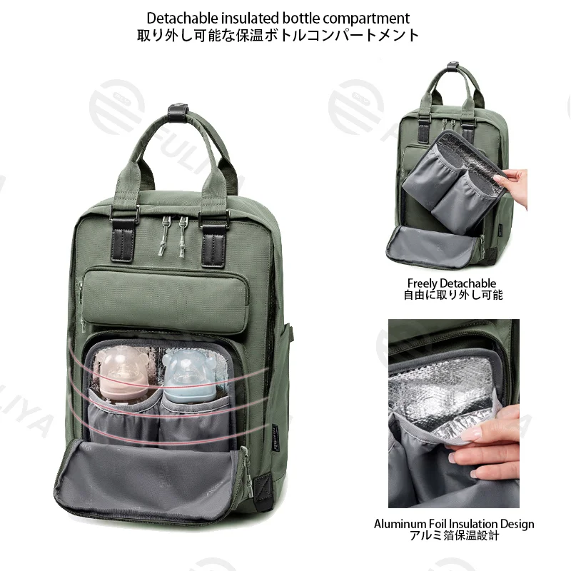 Guangzhou Fuliya Industry Co.,Ltd C-81464 This versatile backpack fits a laptop, is water‑repellent and stain‑resistant, includes a detachable insulated bottle pouch, and has a trolley strap – suitable for business, commuting, and family outings.