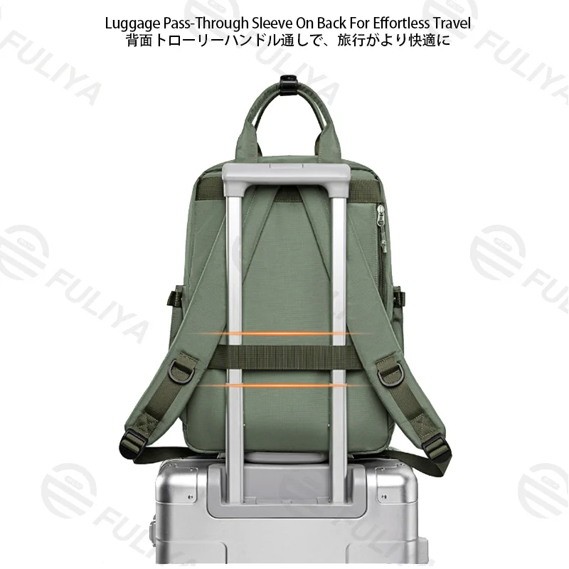 Guangzhou Fuliya Industry Co.,Ltd C-81464 This versatile backpack fits a laptop, is water‑repellent and stain‑resistant, includes a detachable insulated bottle pouch, and has a trolley strap – suitable for business, commuting, and family outings.