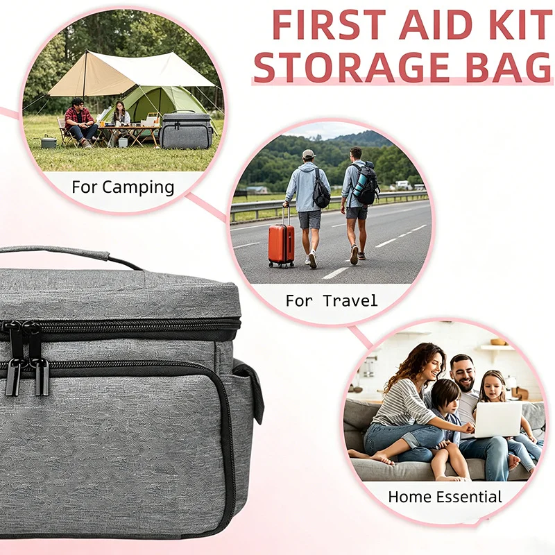 Guangzhou Fuliya Industry Co.,Ltd C-81468 This portable first aid bag has multiple pockets, large capacity, a handle, double zippers, and durable material – for camping, travel, car, and home.