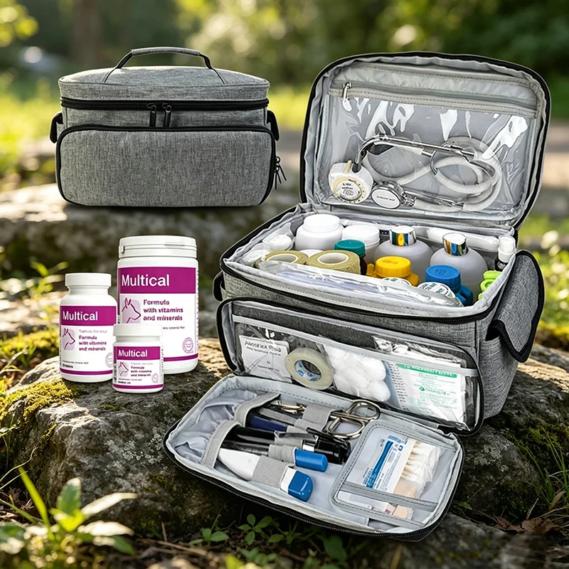 Guangzhou Fuliya Industry Co.,Ltd C-81468 This portable first aid bag has multiple pockets, large capacity, a handle, double zippers, and durable material – for camping, travel, car, and home.