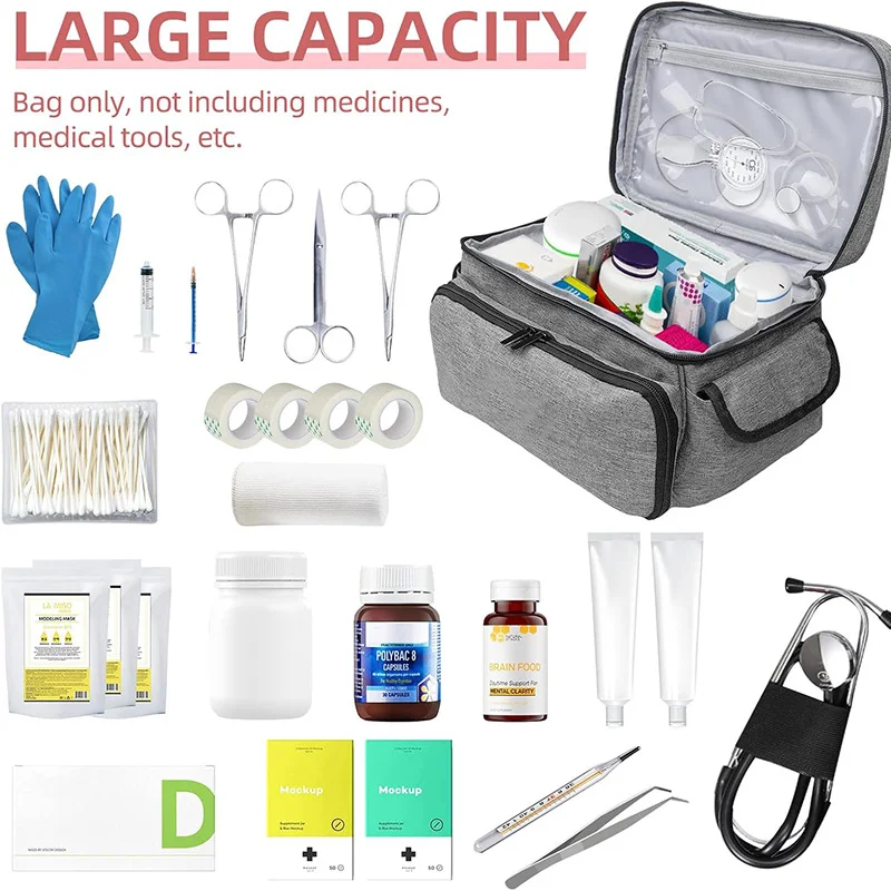 Guangzhou Fuliya Industry Co.,Ltd C-81468 This portable first aid bag has multiple pockets, large capacity, a handle, double zippers, and durable material – for camping, travel, car, and home.