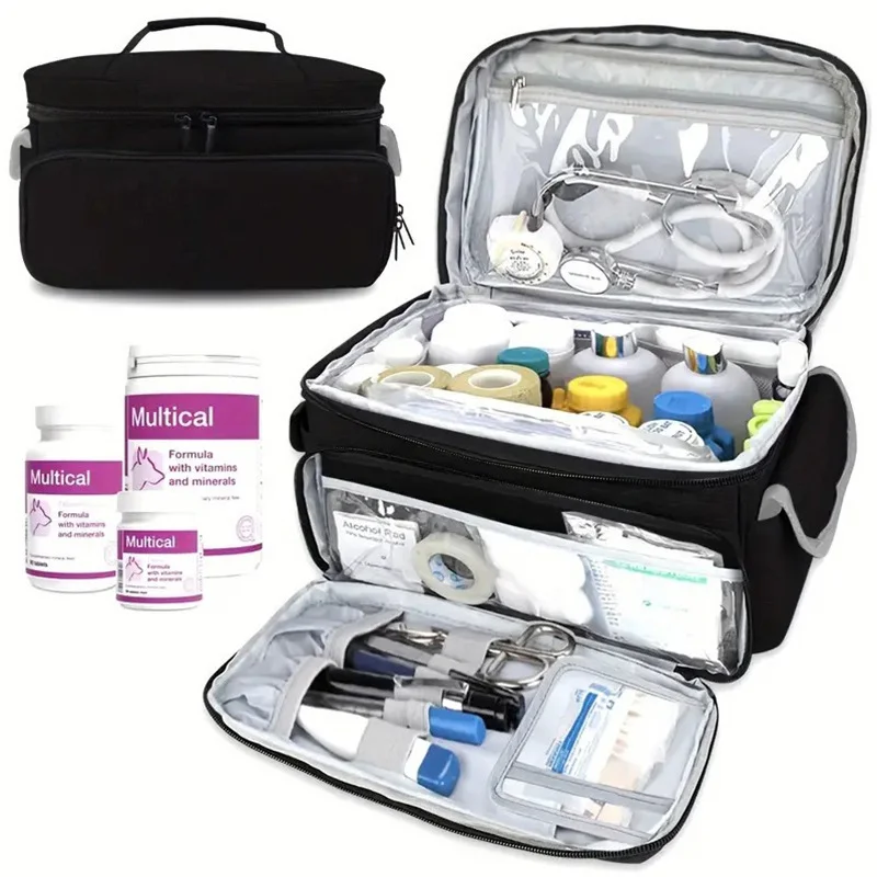 Guangzhou Fuliya Industry Co.,Ltd C-81468 This portable first aid bag has multiple pockets, large capacity, a handle, double zippers, and durable material – for camping, travel, car, and home.