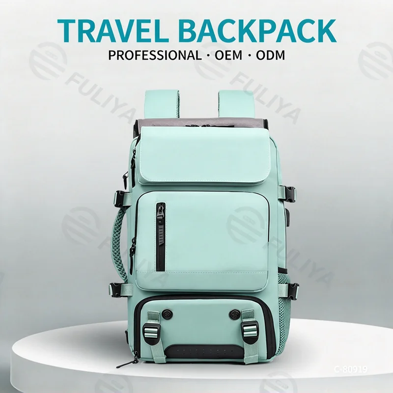 Guangzhou Fuliya Industry Co.,Ltd C-80919  Travel backpack, water-resistant, large capacity, shoe compartment, USB port, hidden straps, and luggage strap - backpack, shoulder, crossbody, or hand carry for business trips, travel, and fitness.