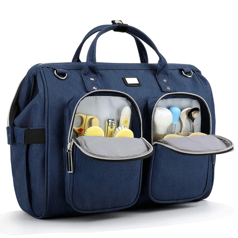 Guangzhou Fuliya Industry Co.,Ltd C-80802 Waterproof large-capacity diaper tote bag, supports hand/shoulder/crossbody carry. Features stroller hooks, front pockets, and a changing pad. For baby daily travel.