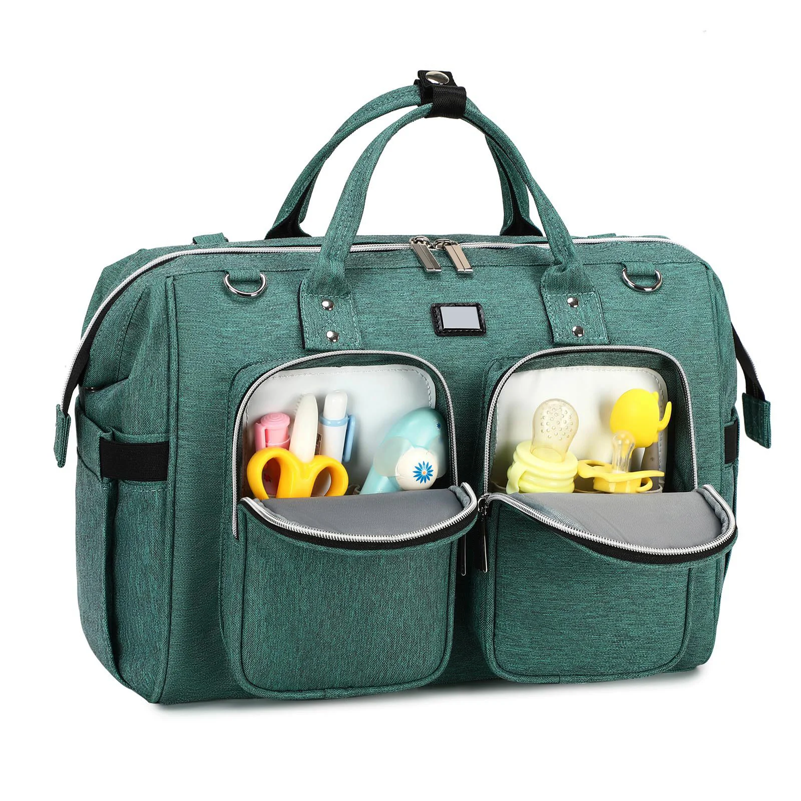 Guangzhou Fuliya Industry Co.,Ltd C-80802 Waterproof large-capacity diaper tote bag, supports hand/shoulder/crossbody carry. Features stroller hooks, front pockets, and a changing pad. For baby daily travel.