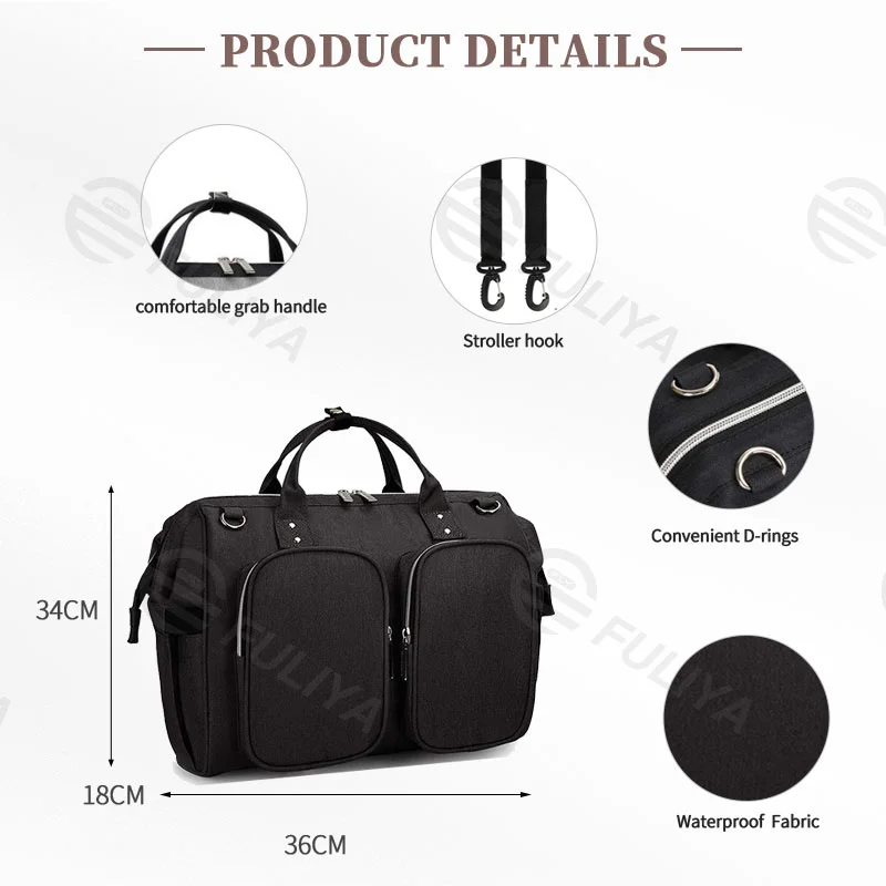 Guangzhou Fuliya Industry Co.,Ltd C-80802 Waterproof large-capacity diaper tote bag, supports hand/shoulder/crossbody carry. Features stroller hooks, front pockets, and a changing pad. For baby daily travel.