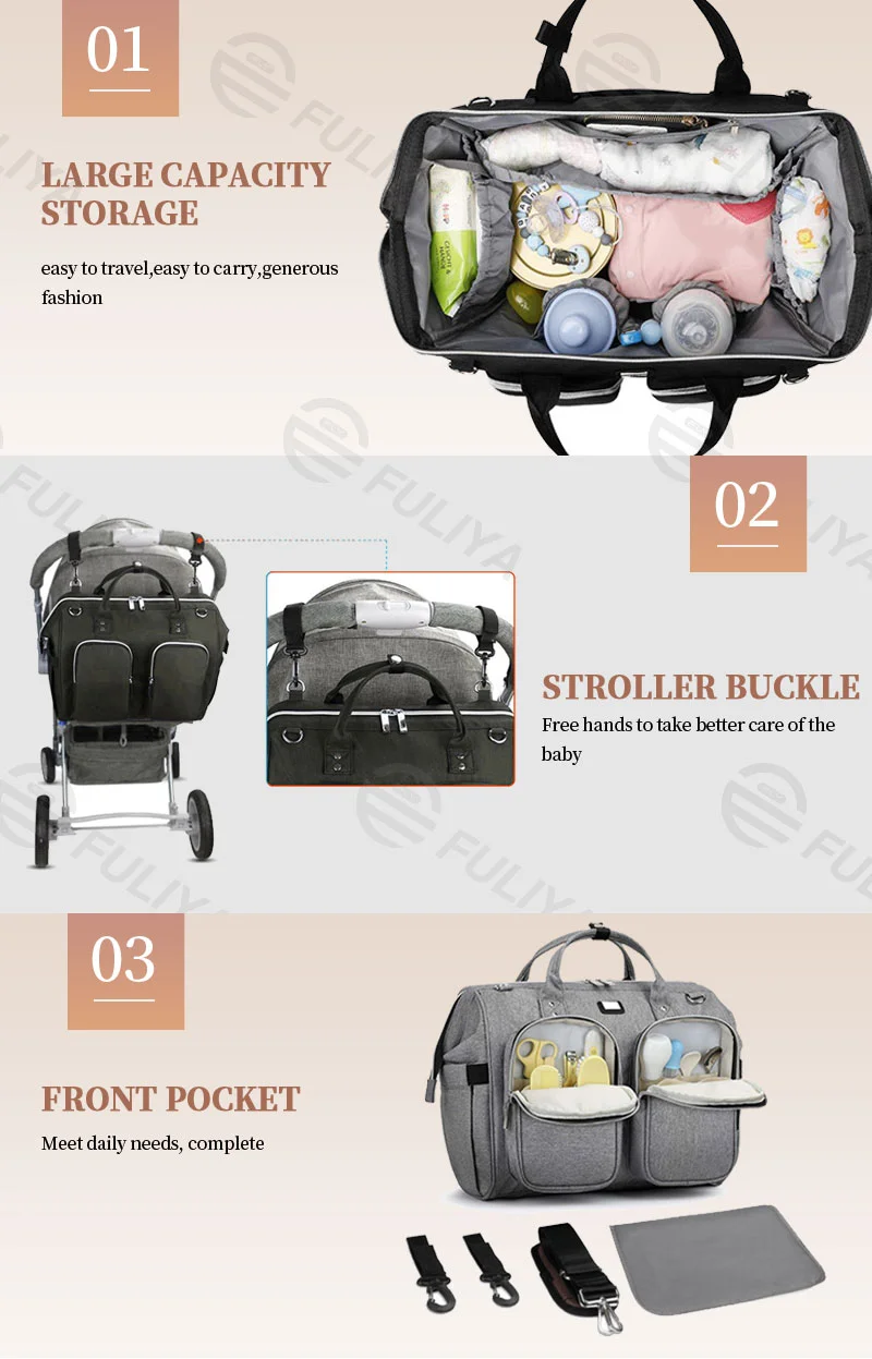 Guangzhou Fuliya Industry Co.,Ltd C-80802 Waterproof large-capacity diaper tote bag, supports hand/shoulder/crossbody carry. Features stroller hooks, front pockets, and a changing pad. For baby daily travel.