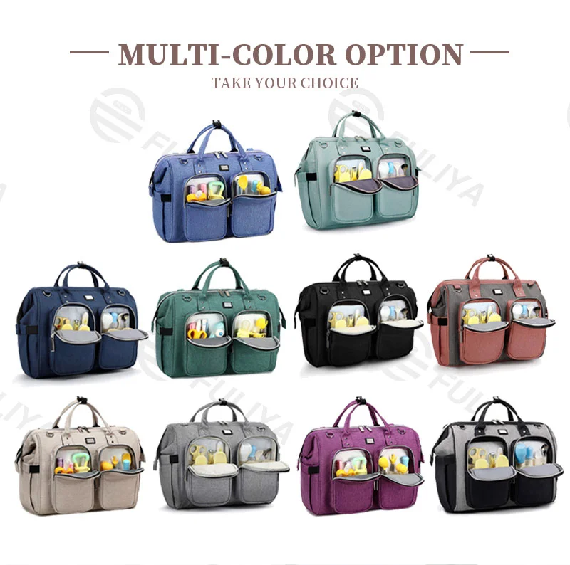 Guangzhou Fuliya Industry Co.,Ltd C-80802 Waterproof large-capacity diaper tote bag, supports hand/shoulder/crossbody carry. Features stroller hooks, front pockets, and a changing pad. For baby daily travel.