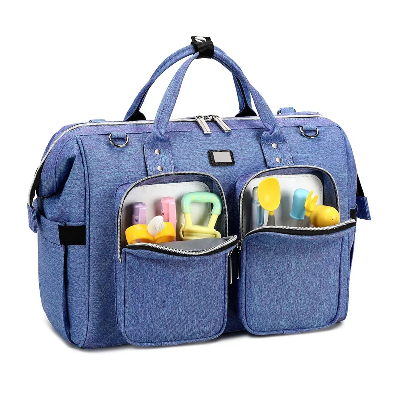 Guangzhou Fuliya Industry Co.,Ltd C-80802 Waterproof large-capacity diaper tote bag, supports hand/shoulder/crossbody carry. Features stroller hooks, front pockets, and a changing pad. For baby daily travel.