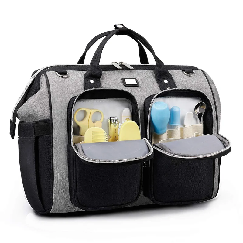 Guangzhou Fuliya Industry Co.,Ltd C-80802 Waterproof large-capacity diaper tote bag, supports hand/shoulder/crossbody carry. Features stroller hooks, front pockets, and a changing pad. For baby daily travel.