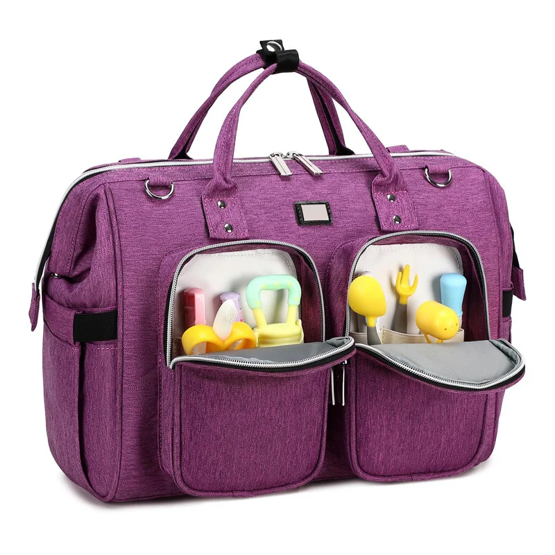 Guangzhou Fuliya Industry Co.,Ltd C-80802 Waterproof large-capacity diaper tote bag, supports hand/shoulder/crossbody carry. Features stroller hooks, front pockets, and a changing pad. For baby daily travel.