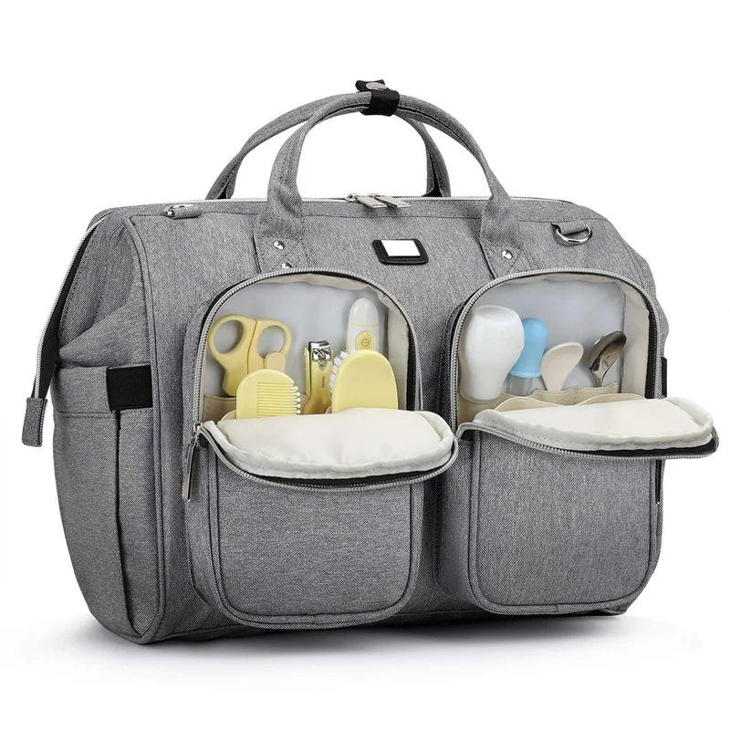 Guangzhou Fuliya Industry Co.,Ltd C-80802 Waterproof large-capacity diaper tote bag, supports hand/shoulder/crossbody carry. Features stroller hooks, front pockets, and a changing pad. For baby daily travel.
