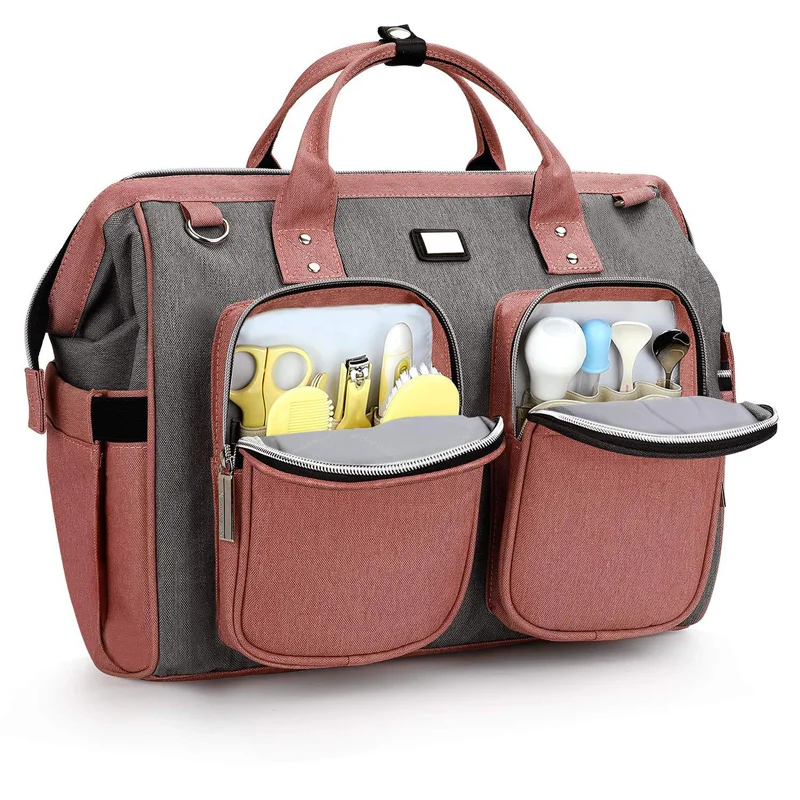 Guangzhou Fuliya Industry Co.,Ltd C-80802 Waterproof large-capacity diaper tote bag, supports hand/shoulder/crossbody carry. Features stroller hooks, front pockets, and a changing pad. For baby daily travel.
