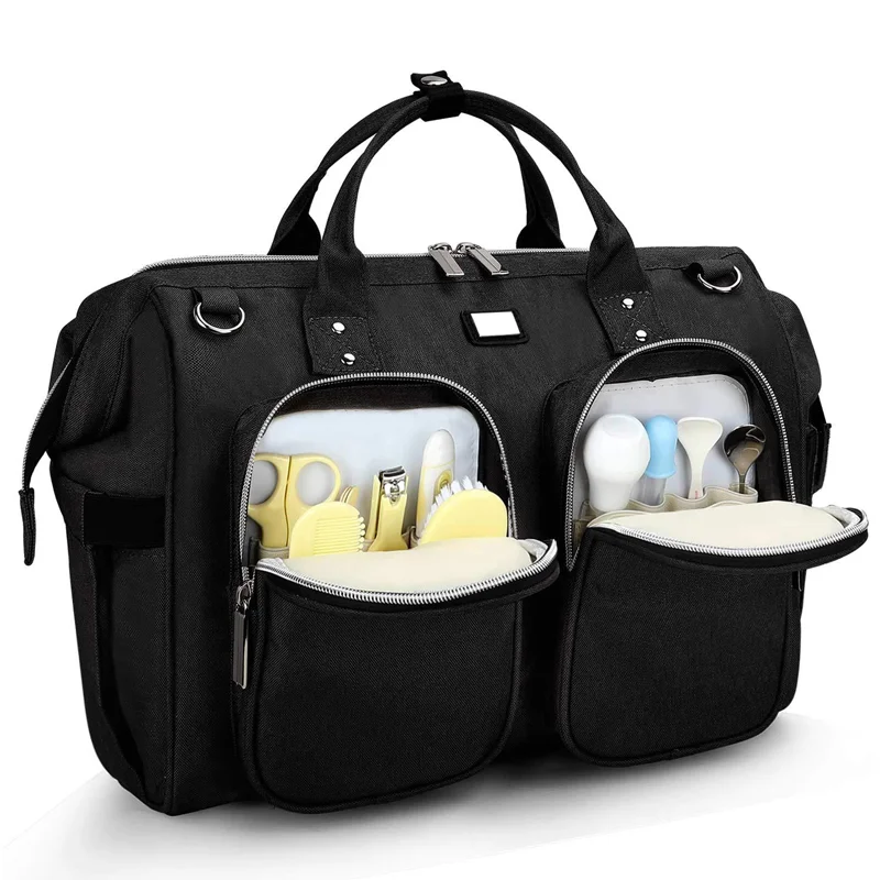 Guangzhou Fuliya Industry Co.,Ltd C-80802 Waterproof large-capacity diaper tote bag, supports hand/shoulder/crossbody carry. Features stroller hooks, front pockets, and a changing pad. For baby daily travel.