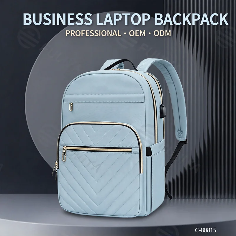 広州富麗雅実業有限会社 C-80815 ライトブルーのキルティングビジネスリュック。大容量多機能。衝撃吸収PC収納、USBポート、ボトル袋、キャリー固定ベルト付き。学生の日常・通勤・出張に。