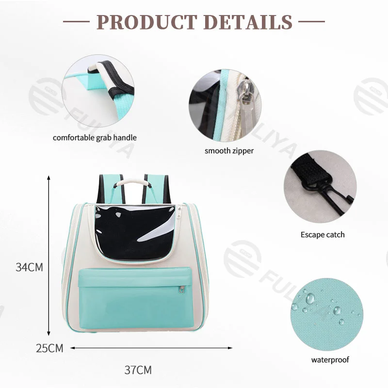Guangzhou Fuliya Industry Co.,Ltd C-80818  Large-capacity breathable pet backpack with a visible window and anti-escape hook. Durable, scratch-resistant, and water-resistant. Lightweight and portable for cats, small dogs, and multi-pet families.