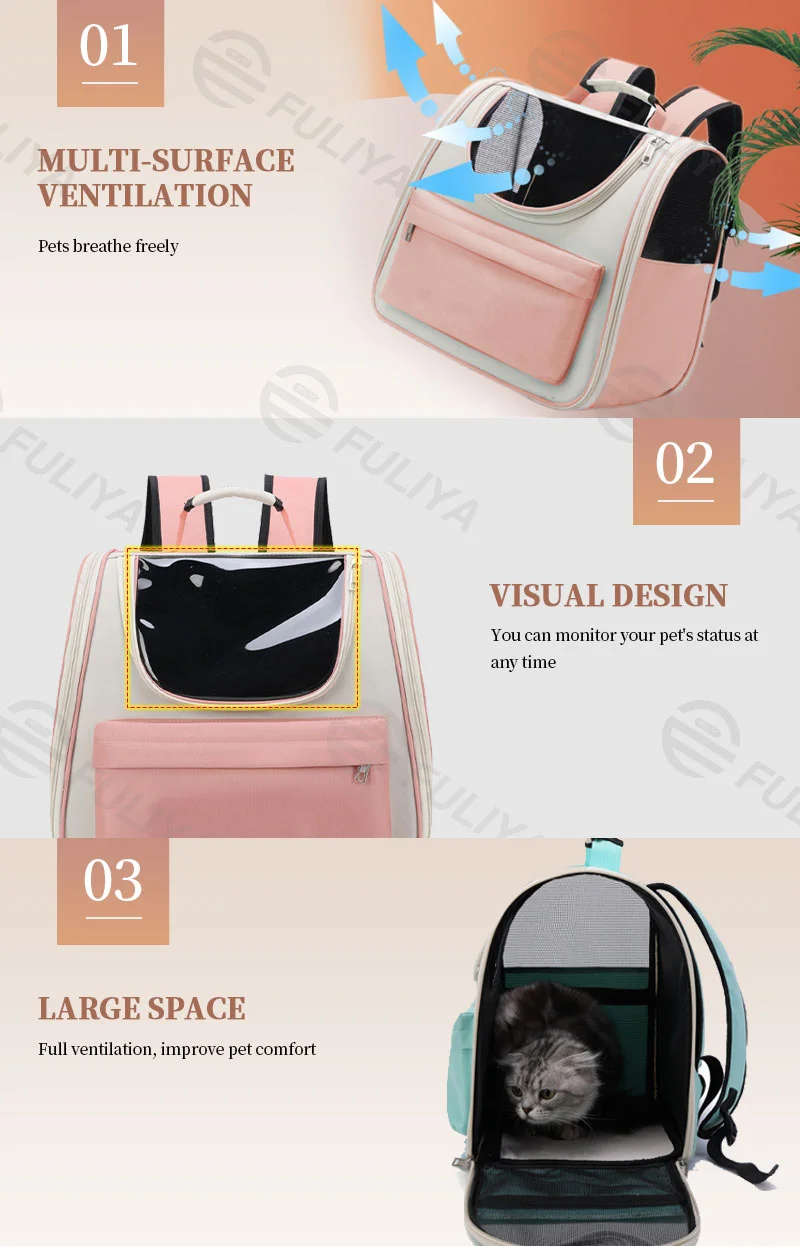 Guangzhou Fuliya Industry Co.,Ltd C-80818  Large-capacity breathable pet backpack with a visible window and anti-escape hook. Durable, scratch-resistant, and water-resistant. Lightweight and portable for cats, small dogs, and multi-pet families.