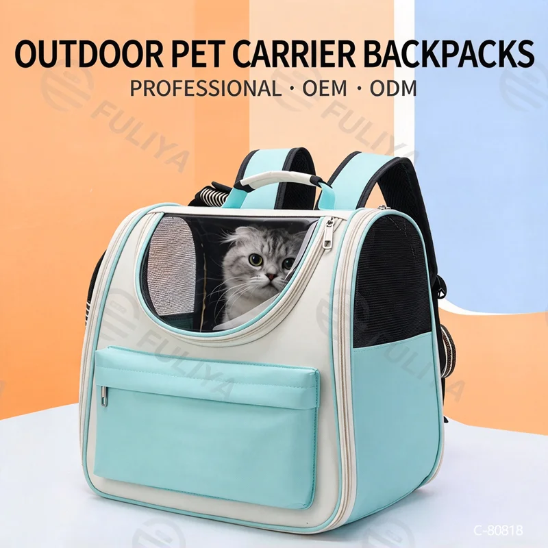 Guangzhou Fuliya Industry Co.,Ltd C-80818  Large-capacity breathable pet backpack with a visible window and anti-escape hook. Durable, scratch-resistant, and water-resistant. Lightweight and portable for cats, small dogs, and multi-pet families.