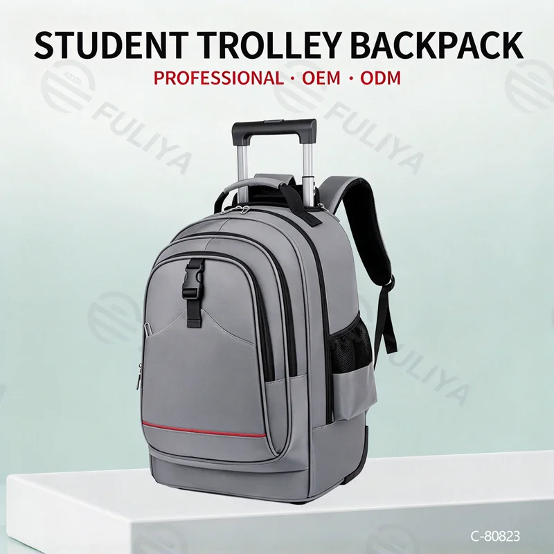 Guangzhou Fuliya Industry Co.,Ltd C-80823 Multi-functional trolley backpack. Features silent wheels, a hideable 2-stage pull rod, and anti-collision corners. Hidden shoulder straps, large capacity multi-pockets. For school, travel, and business trips.