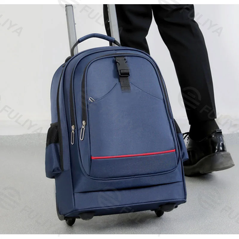 Guangzhou Fuliya Industry Co.,Ltd C-80823 Multi-functional trolley backpack. Features silent wheels, a hideable 2-stage pull rod, and anti-collision corners. Hidden shoulder straps, large capacity multi-pockets. For school, travel, and business trips.