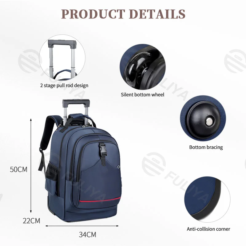 Guangzhou Fuliya Industry Co.,Ltd C-80823 Multi-functional trolley backpack. Features silent wheels, a hideable 2-stage pull rod, and anti-collision corners. Hidden shoulder straps, large capacity multi-pockets. For school, travel, and business trips.