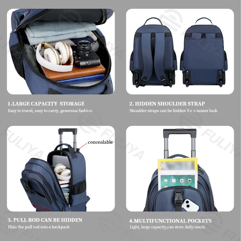 Guangzhou Fuliya Industry Co.,Ltd C-80823 Multi-functional trolley backpack. Features silent wheels, a hideable 2-stage pull rod, and anti-collision corners. Hidden shoulder straps, large capacity multi-pockets. For school, travel, and business trips.