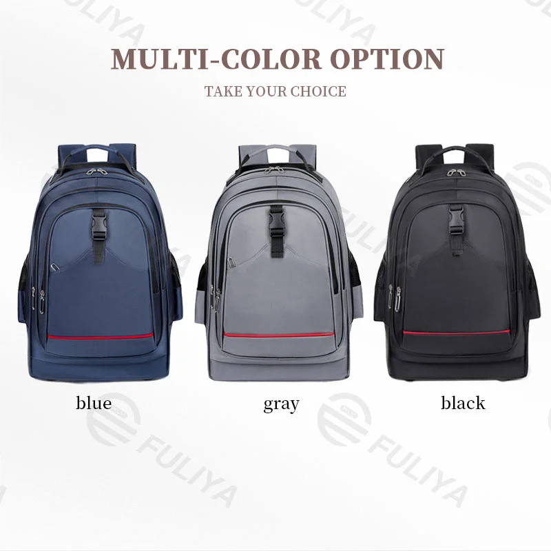 Guangzhou Fuliya Industry Co.,Ltd C-80823 Multi-functional trolley backpack. Features silent wheels, a hideable 2-stage pull rod, and anti-collision corners. Hidden shoulder straps, large capacity multi-pockets. For school, travel, and business trips.