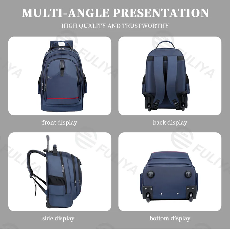 Guangzhou Fuliya Industry Co.,Ltd C-80823 Multi-functional trolley backpack. Features silent wheels, a hideable 2-stage pull rod, and anti-collision corners. Hidden shoulder straps, large capacity multi-pockets. For school, travel, and business trips.